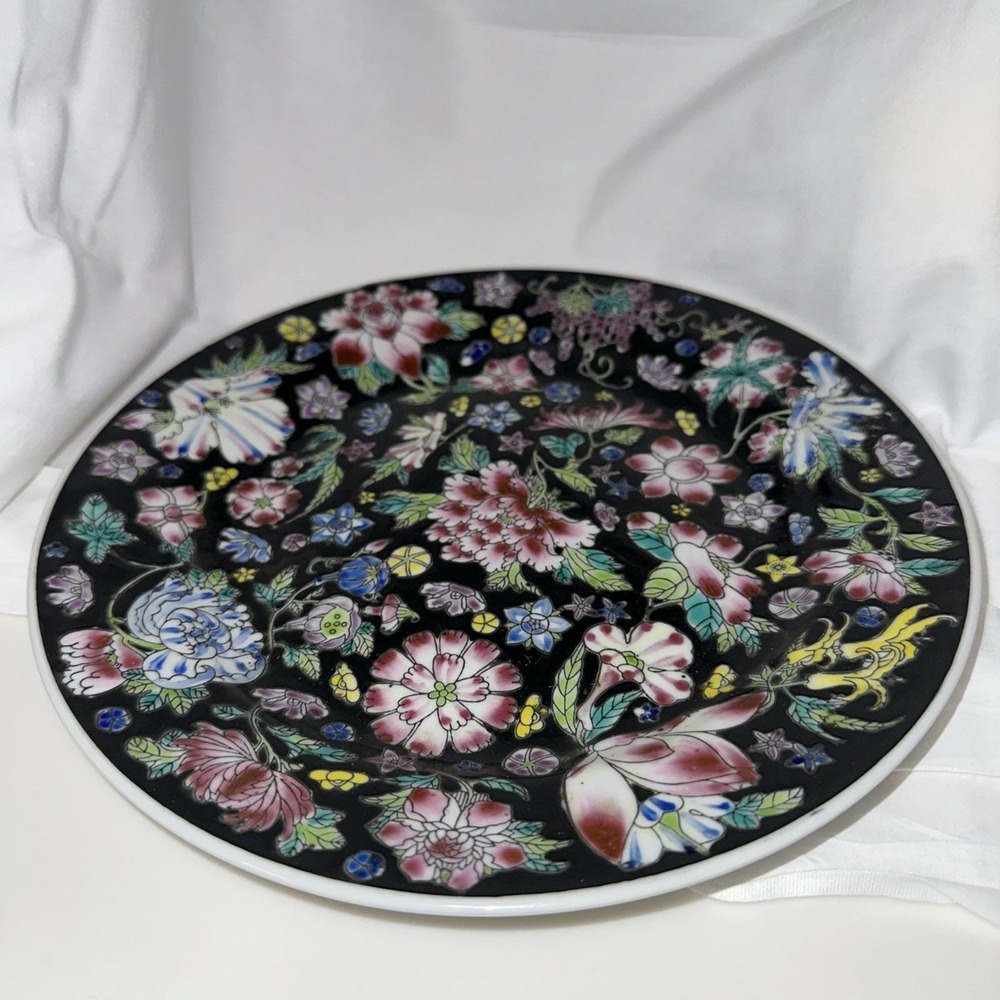 Vintage Chinese Porcelain Black Famille Noire Saucer Peonies‎ Flowers Tea